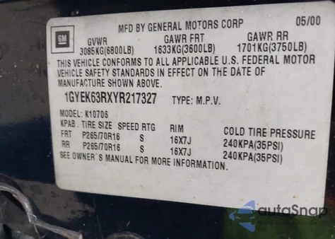 2000 Cadillac Escalade Standard z USA, uszkodzony, nr VIN 1GYEK63RXYR217327